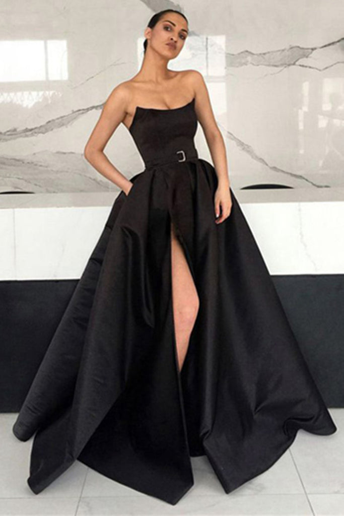 Unique Black Satin Long Prom Dresses ...